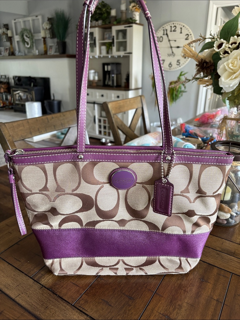Coach Beige & Purple Signature Canvas Shoulder Tote